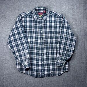 Vintage Plaid Flannel Women’s Size XL Hearts Cottage White Blue Company One 90s
